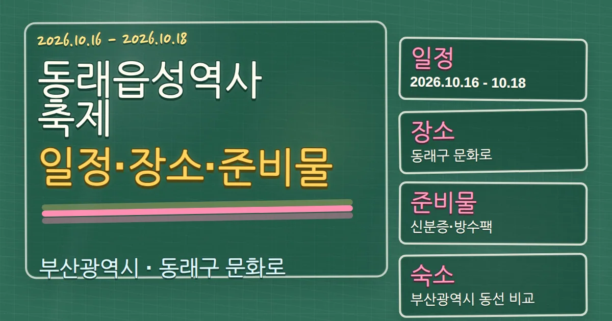 2026 동래읍성역사축제 일정·장소·준비물과 숙소 동선 칠판 판서형 대표 이미지