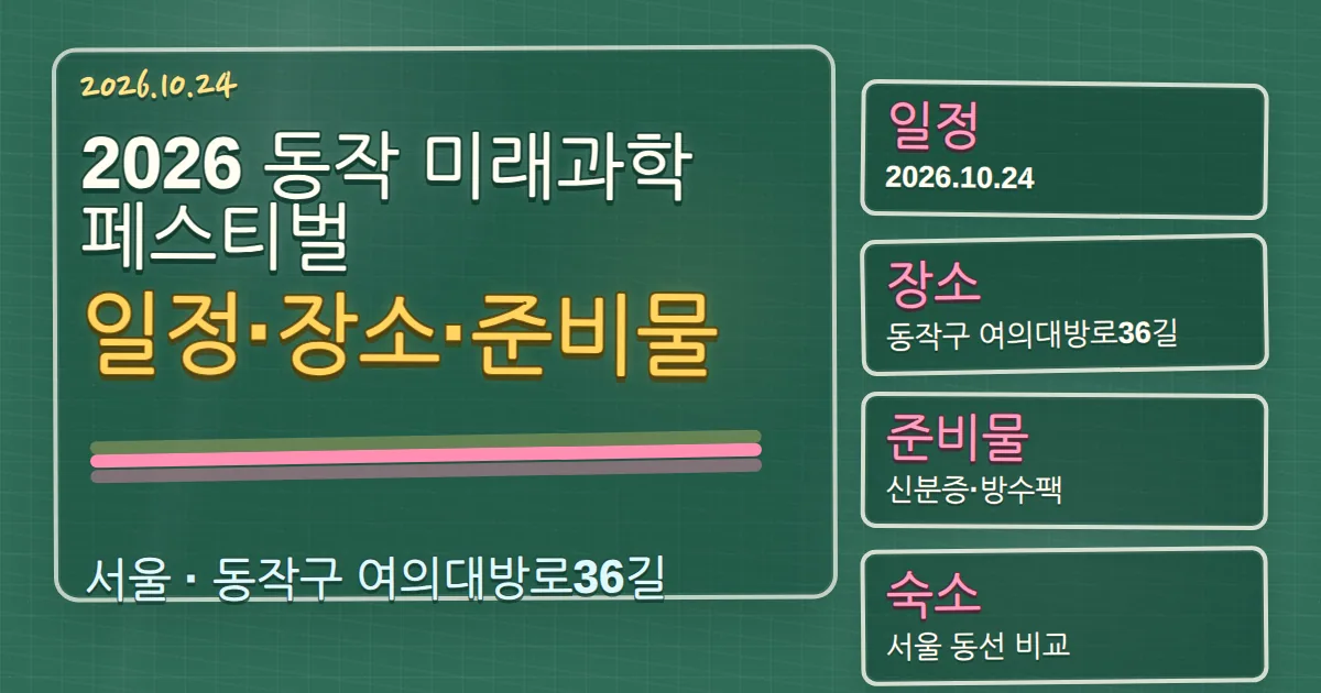 2026 동작 미래과학페스티벌 일정·장소·준비물과 숙소 동선 칠판 판서형 대표 이미지