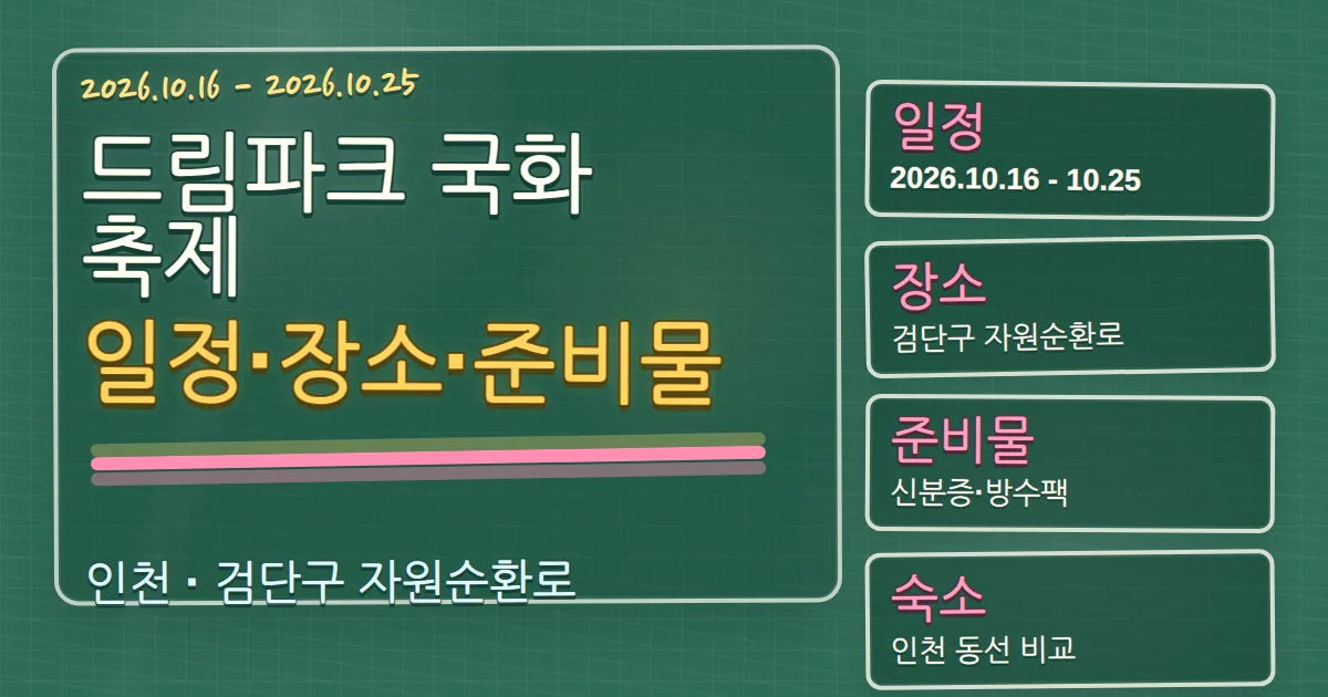 2026 드림파크 국화축제 일정·장소·준비물과 숙소 동선 칠판 판서형 대표 이미지