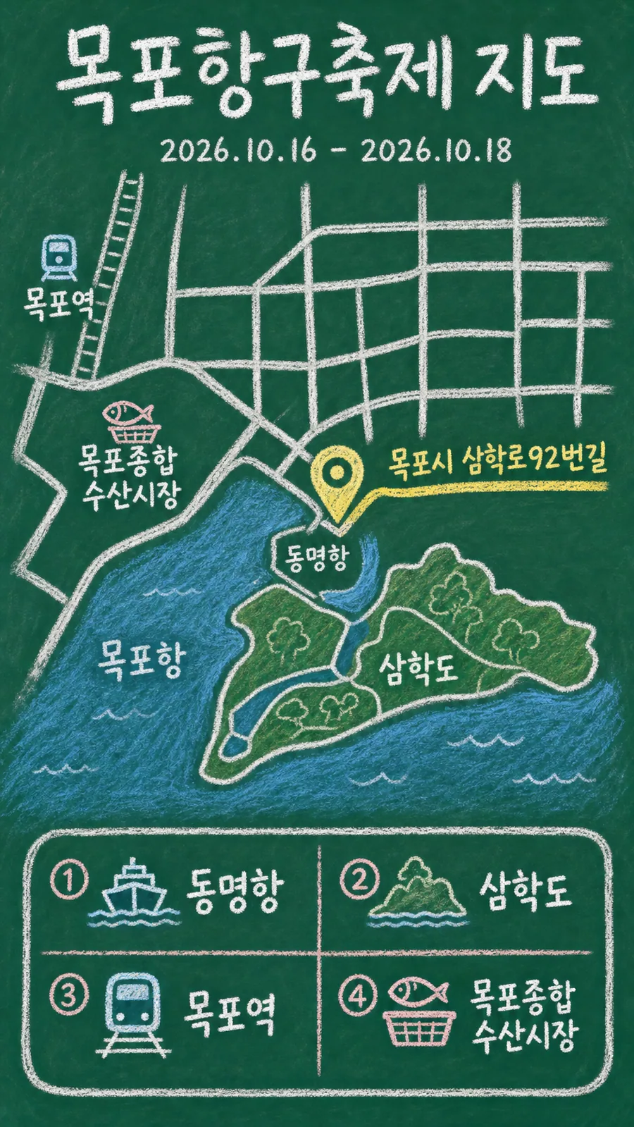 목포항구축제 원본 지도 이미지를 바탕으로 imagegen이 재구성한 칠판 판서형 그림지도