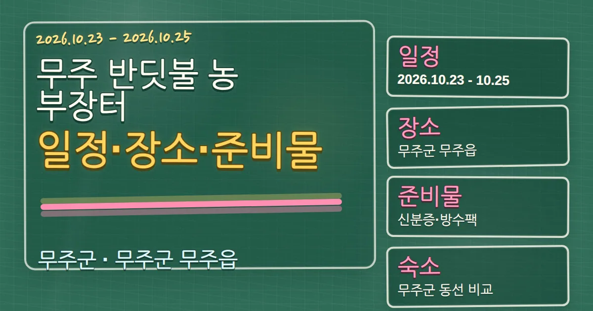 2026 무주 반딧불 농부장터 일정·장소·준비물과 숙소 동선 칠판 판서형 대표 이미지