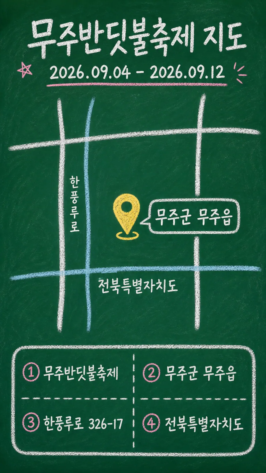 무주반딧불축제 원본 지도 이미지를 바탕으로 imagegen이 재구성한 칠판 판서형 그림지도