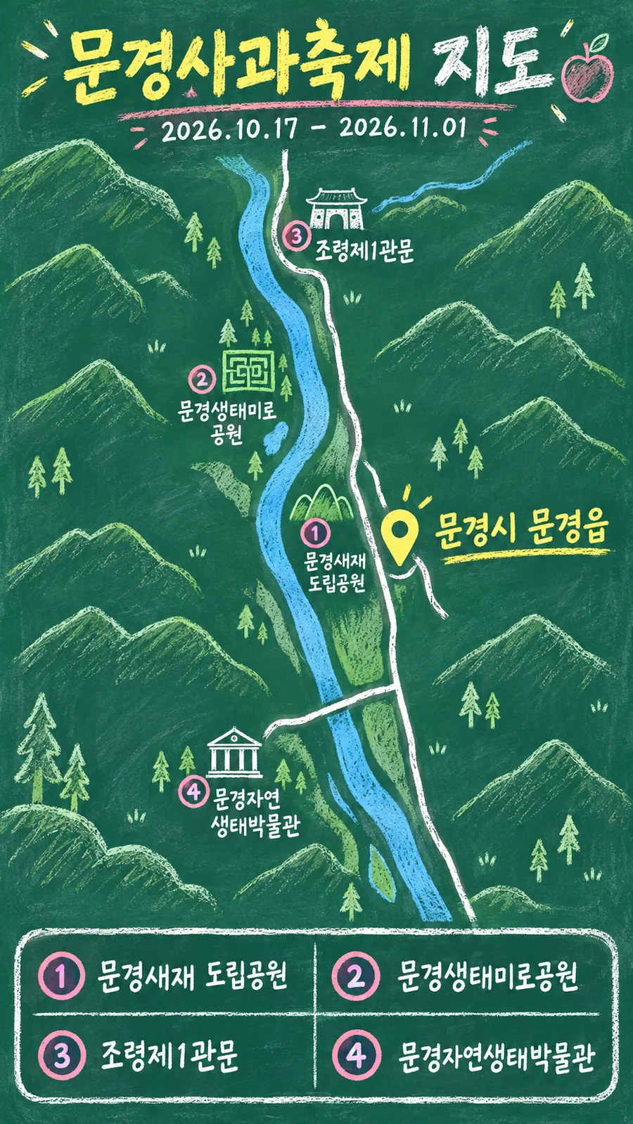 문경사과축제 원본 지도 이미지를 바탕으로 imagegen이 재구성한 칠판 판서형 그림지도