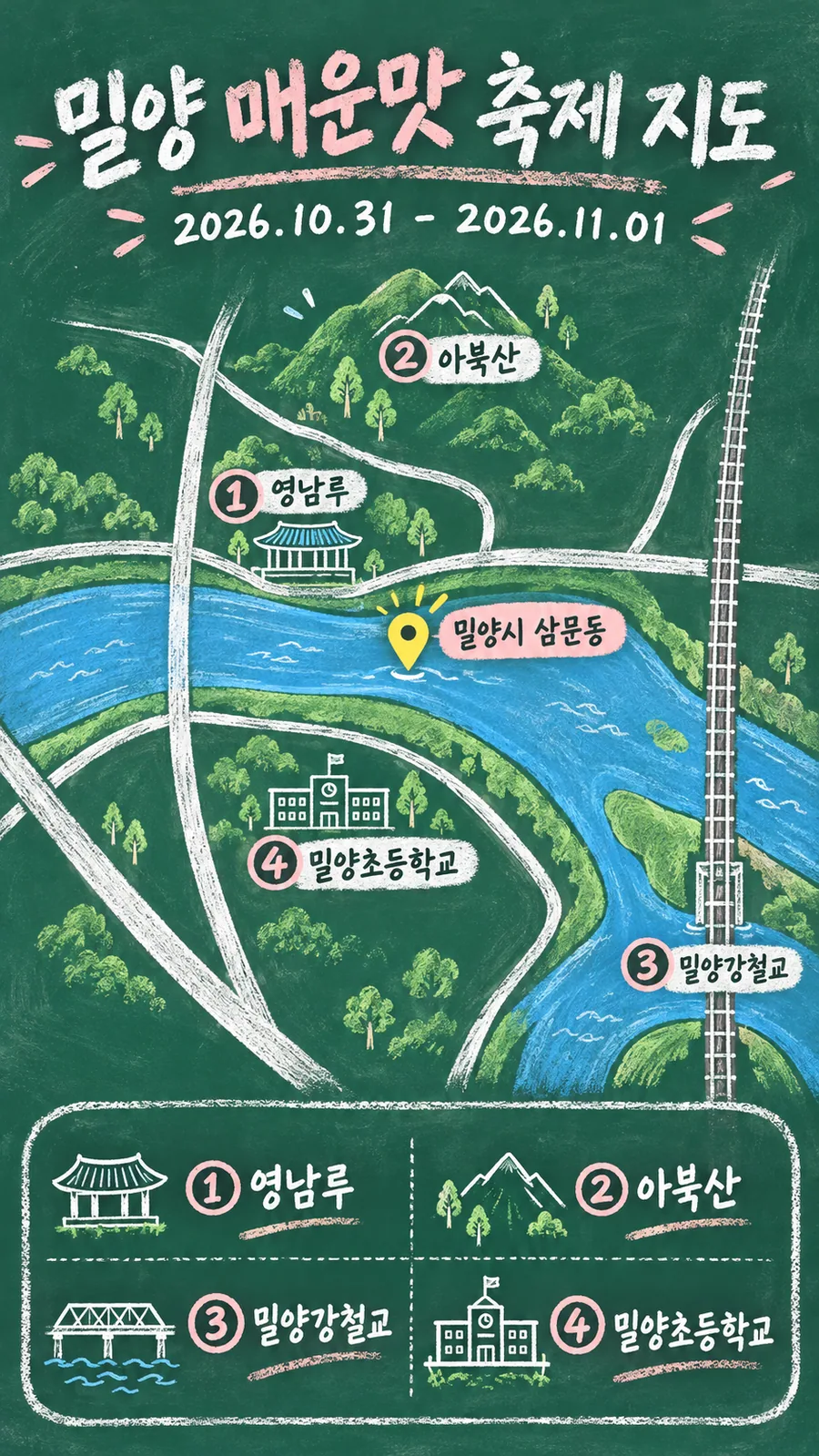 밀양 매운맛 축제 원본 지도 이미지를 바탕으로 imagegen이 재구성한 칠판 판서형 그림지도