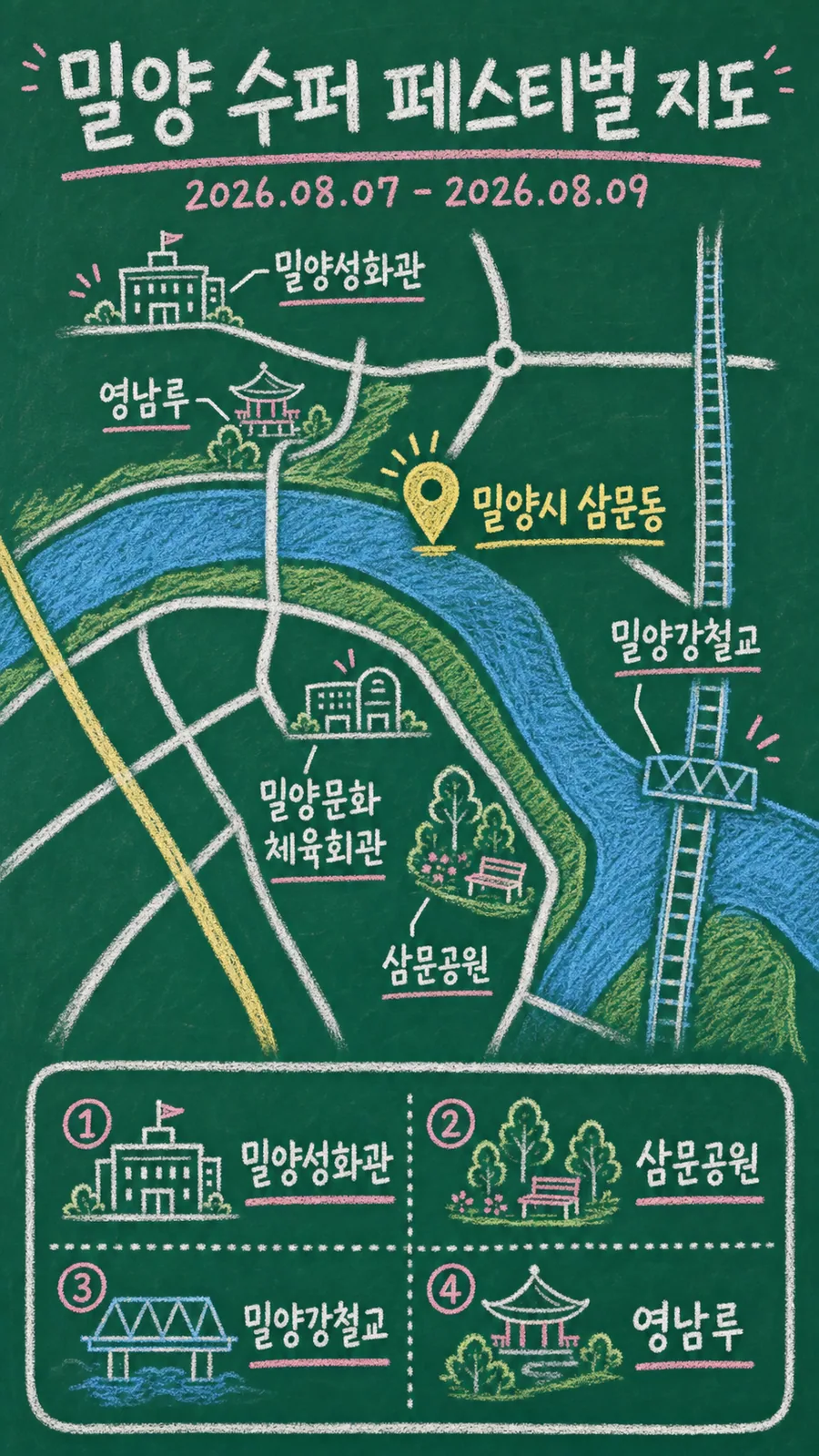 밀양 수퍼 페스티벌 원본 지도 이미지를 바탕으로 imagegen이 재구성한 칠판 판서형 그림지도