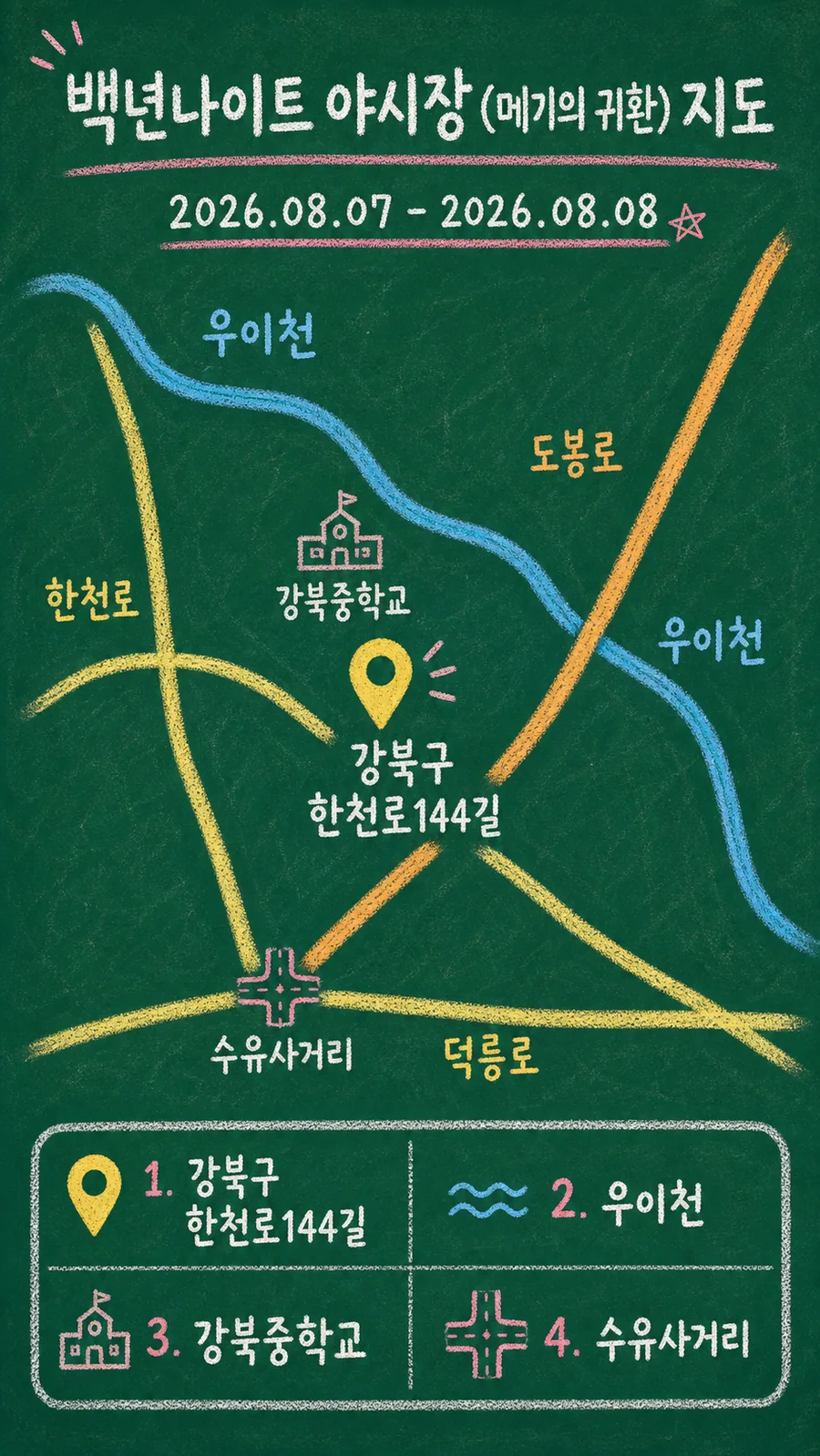백년나이트 야시장 (메기의 귀환) 원본 지도 이미지를 바탕으로 imagegen이 재구성한 칠판 판서형 그림지도