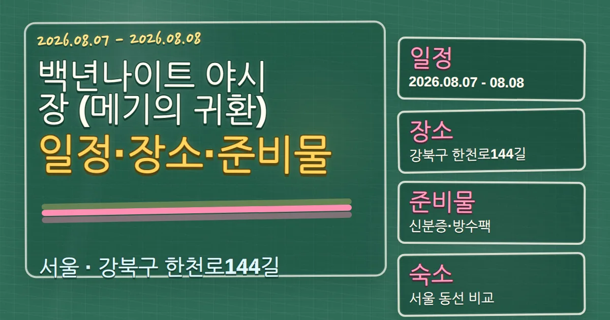 2026 백년나이트 야시장 (메기의 귀환) 일정·장소·준비물과 강북구 숙소 동선 칠판 판서형 대표 이미지