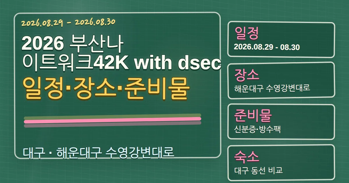 2026 부산나이트워크42K with dsec 일정·장소·준비물과 해운대구 숙소 동선 칠판 판서형 대표 이미지