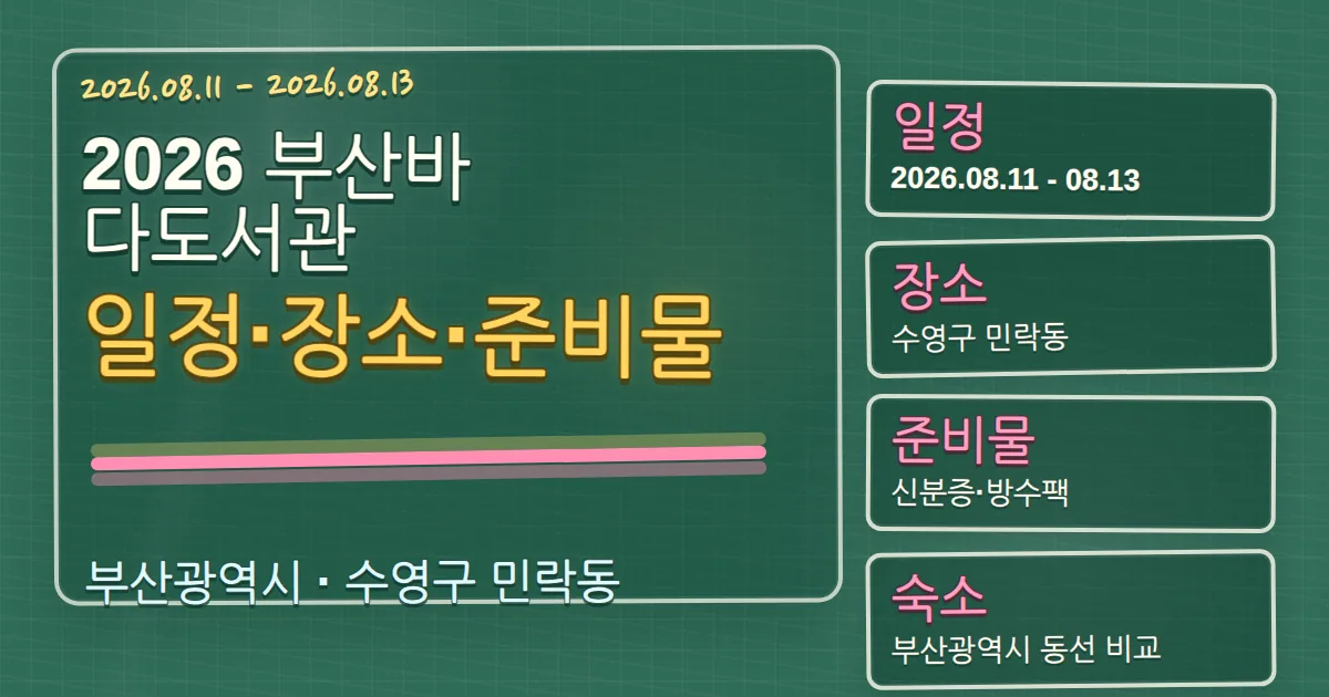 2026 부산바다도서관 일정·장소·준비물과 수영구 숙소 동선 칠판 판서형 대표 이미지