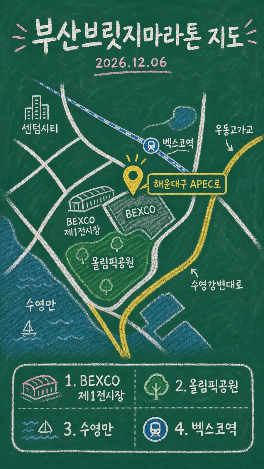 부산브릿지마라톤 원본 지도 이미지를 바탕으로 imagegen이 재구성한 칠판 판서형 그림지도