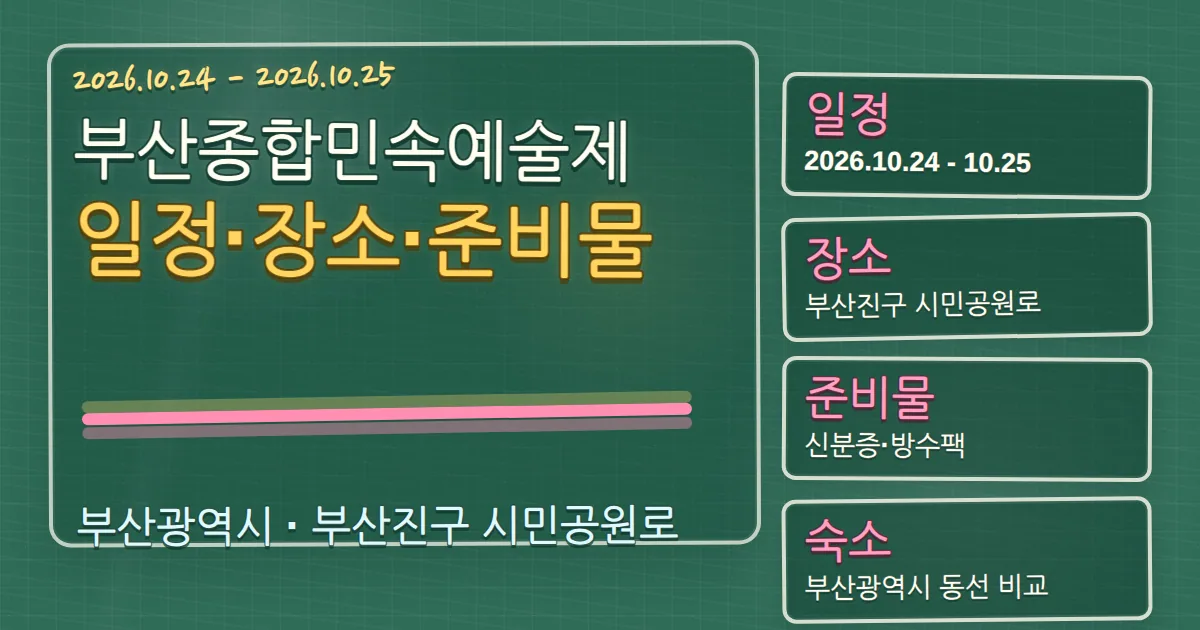 2026 부산종합민속예술제 일정·장소·준비물과 숙소 동선 칠판 판서형 대표 이미지