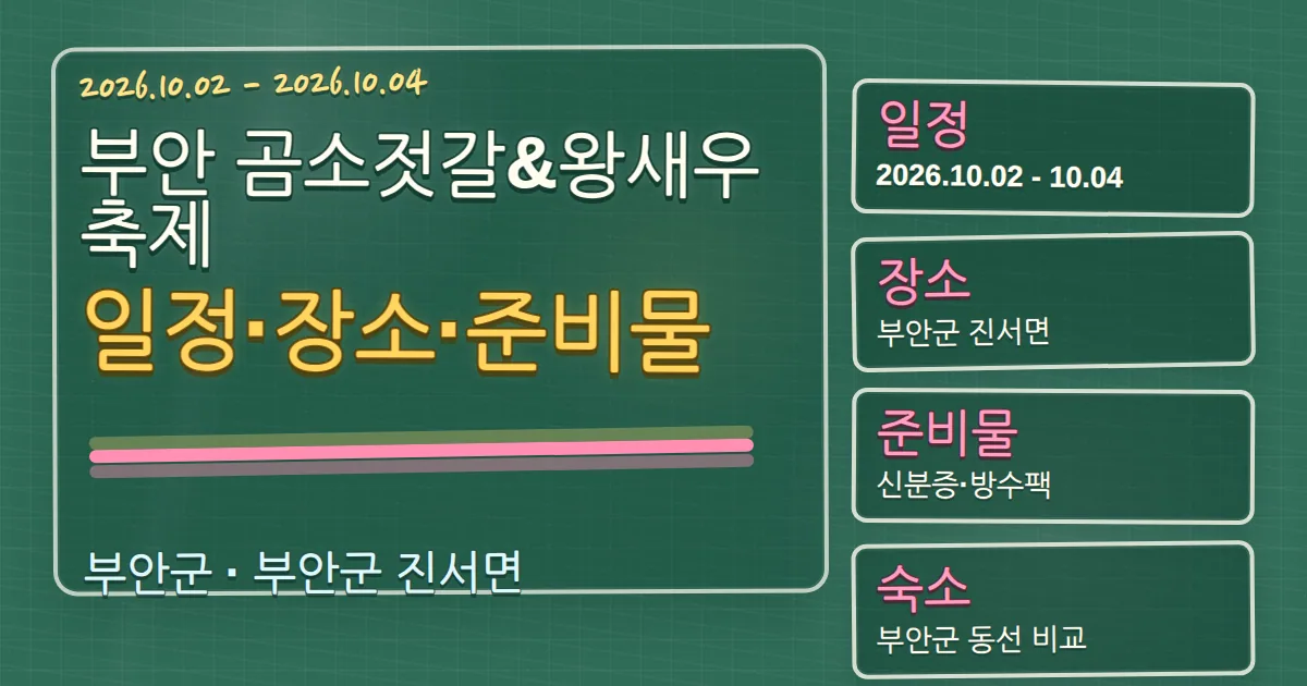 2026 부안 곰소젓갈&왕새우축제 일정·장소·준비물과 숙소 동선 칠판 판서형 대표 이미지