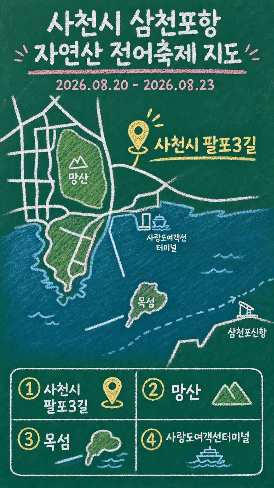사천시 삼천포항 자연산 전어축제 원본 지도 이미지를 바탕으로 imagegen이 재구성한 칠판 판서형 그림지도