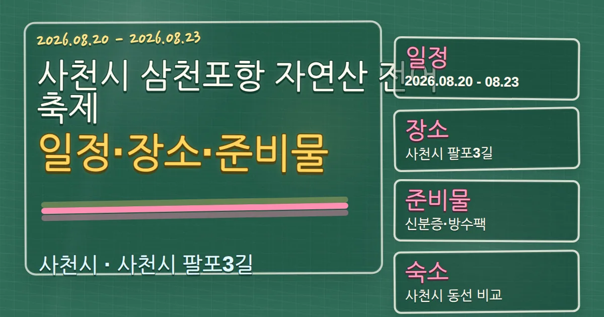 2026 사천시 삼천포항 자연산 전어축제 일정·장소·준비물과 숙소 동선 칠판 판서형 대표 이미지