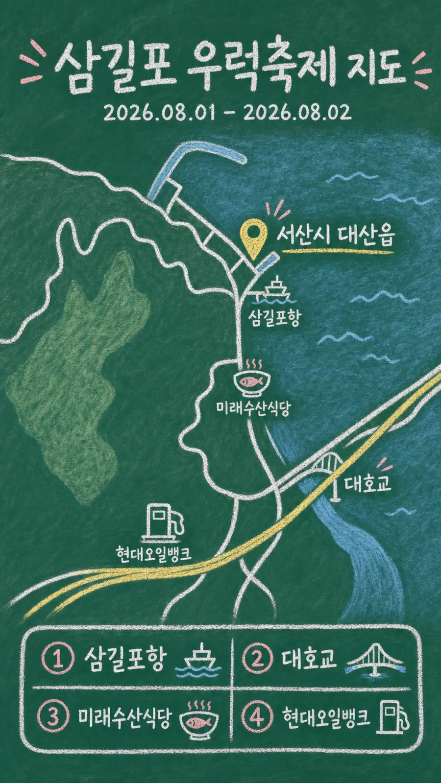 삼길포 우럭축제 원본 지도 이미지를 바탕으로 imagegen이 재구성한 칠판 판서형 그림지도