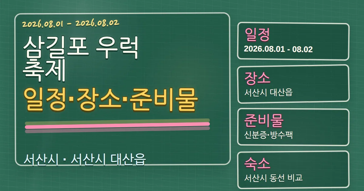 2026 삼길포 우럭축제 일정·장소·준비물과 서산시 숙소 동선 칠판 판서형 대표 이미지