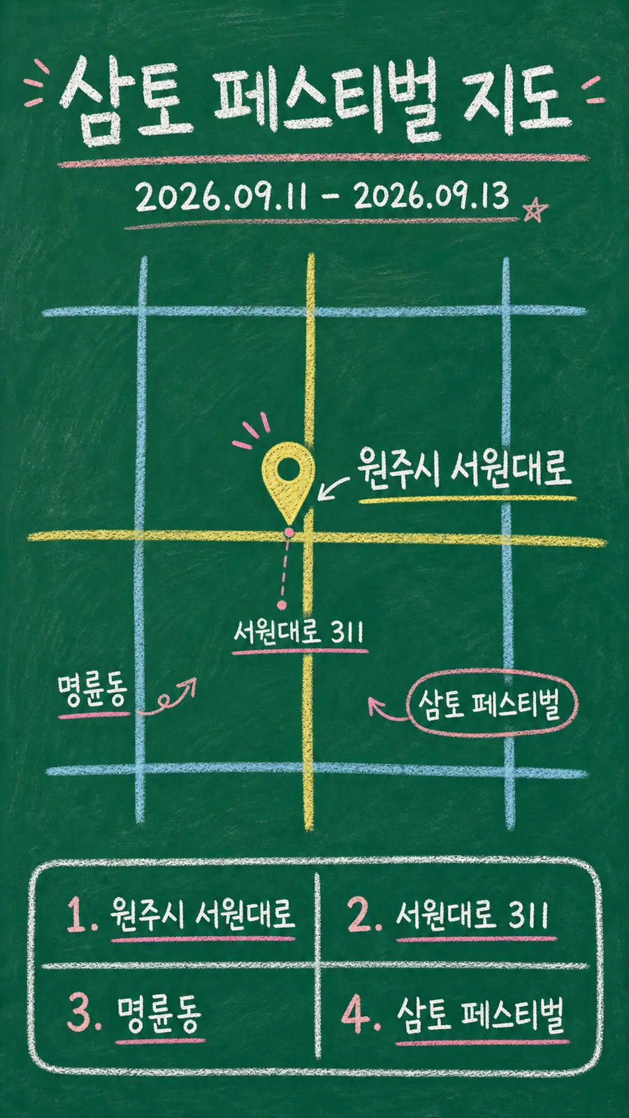 삼토 페스티벌 원본 지도 이미지를 바탕으로 imagegen이 재구성한 칠판 판서형 그림지도