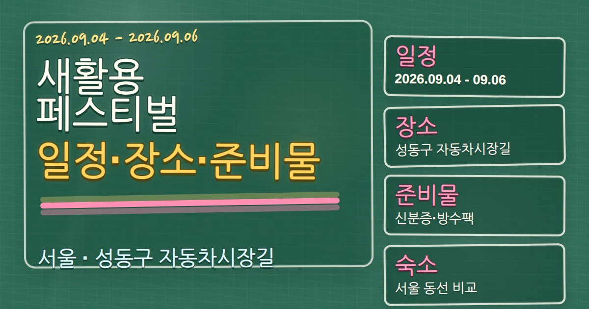 2026 새활용 페스티벌 일정·장소·준비물과 성동구 숙소 동선 칠판 판서형 대표 이미지