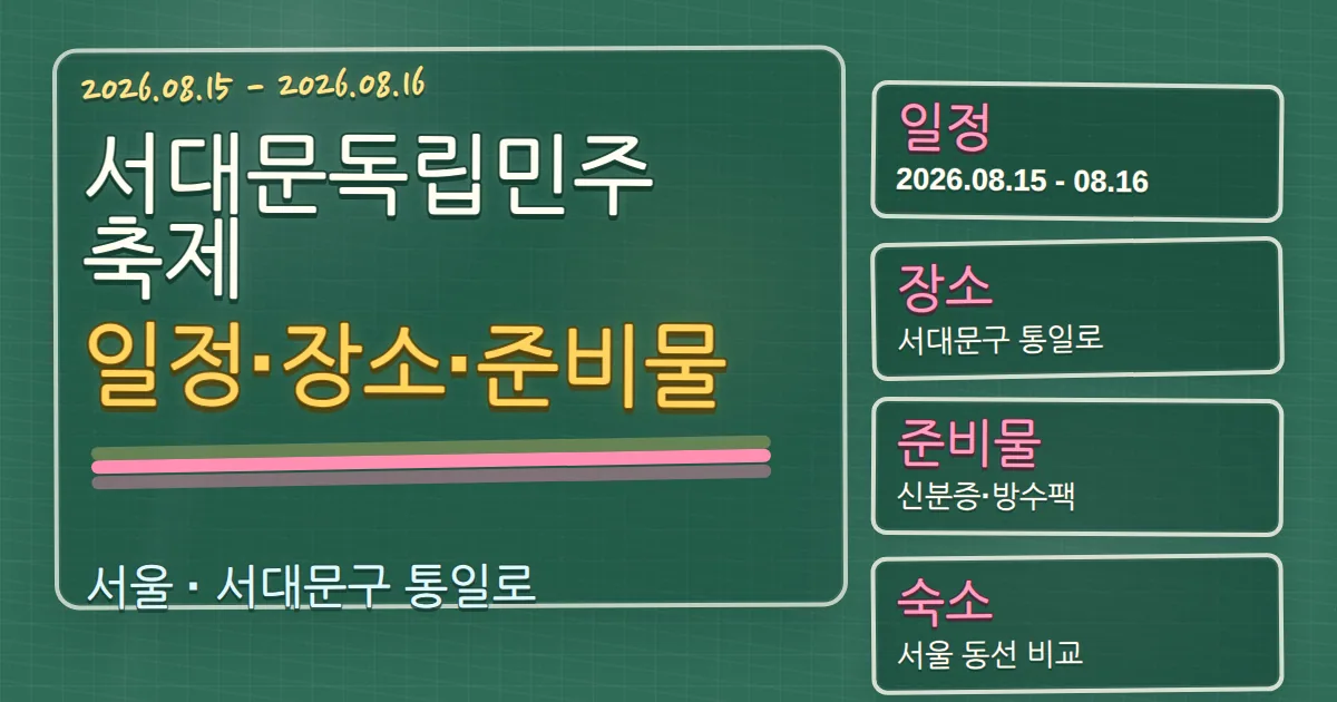 2026 서대문독립민주축제 일정·장소·준비물과 서대문구 숙소 동선 칠판 판서형 대표 이미지