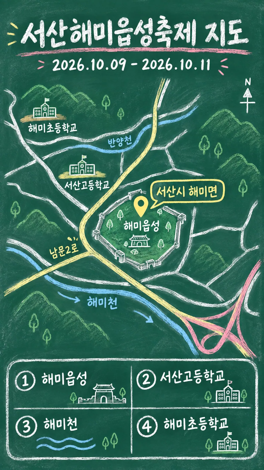 서산해미읍성축제 원본 지도 이미지를 바탕으로 imagegen이 재구성한 칠판 판서형 그림지도