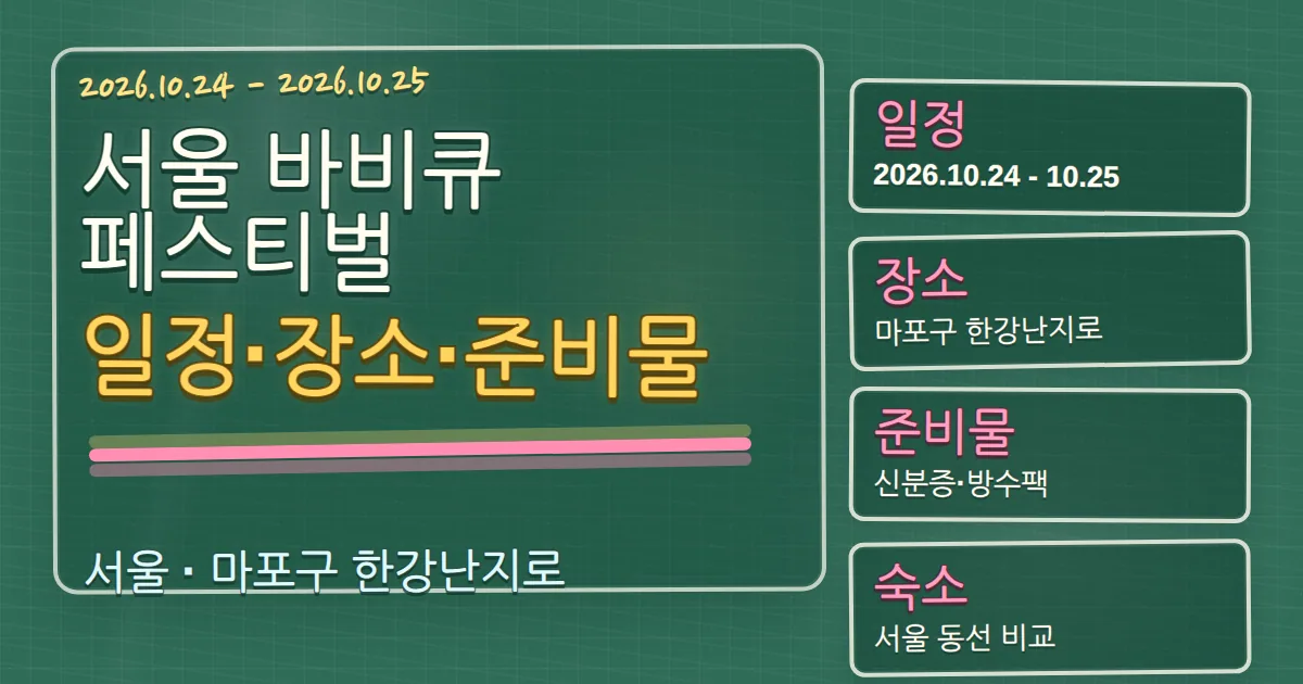 2026 서울 바비큐 페스티벌 일정·장소·준비물과 숙소 동선 칠판 판서형 대표 이미지
