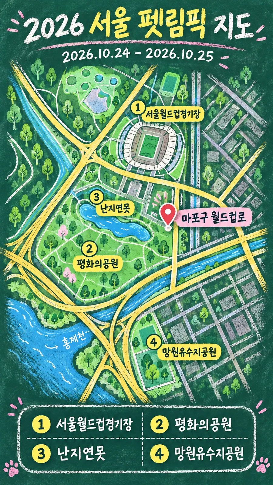 2026 서울 펫림픽 원본 지도 이미지를 바탕으로 imagegen이 재구성한 칠판 판서형 그림지도