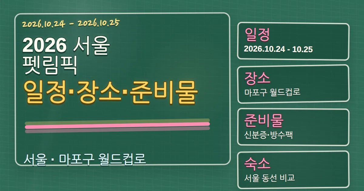 2026 서울 펫림픽 일정·장소·준비물과 숙소 동선 가이드 칠판 판서형 대표 이미지