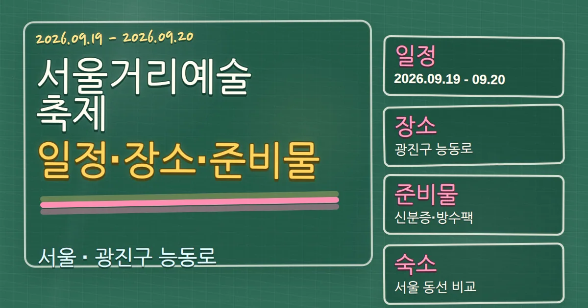 2026 서울거리예술축제 일정·장소·준비물과 광진구 숙소 동선 칠판 판서형 대표 이미지