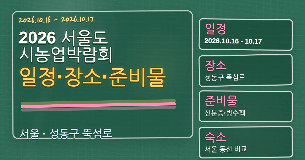 2026 서울도시농업박람회 일정·장소·준비물과 성동구 숙소 동선 칠판 판서형 대표 이미지