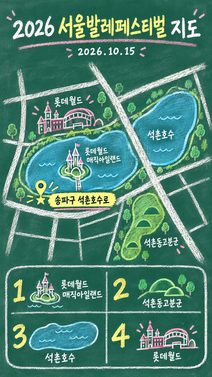 2026 서울발레페스티벌 원본 지도 이미지를 바탕으로 imagegen이 재구성한 칠판 판서형 그림지도