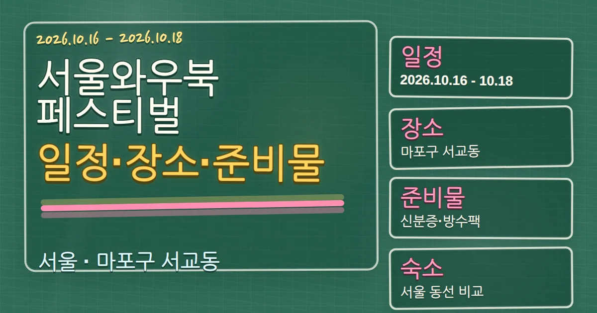 2026 서울와우북페스티벌 일정·장소·준비물과 숙소 동선 칠판 판서형 대표 이미지