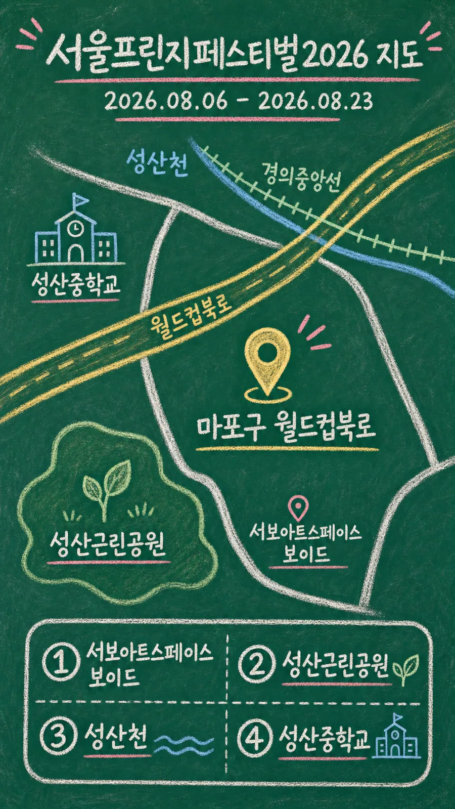 서울프린지페스티벌2026 원본 지도 이미지를 바탕으로 imagegen이 재구성한 칠판 판서형 그림지도