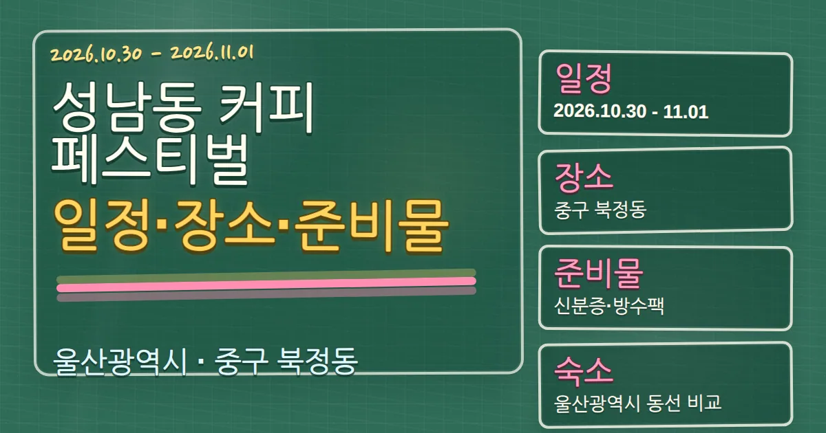 2026 성남동 커피페스티벌 일정·장소·준비물과 중구 숙소 동선 칠판 판서형 대표 이미지