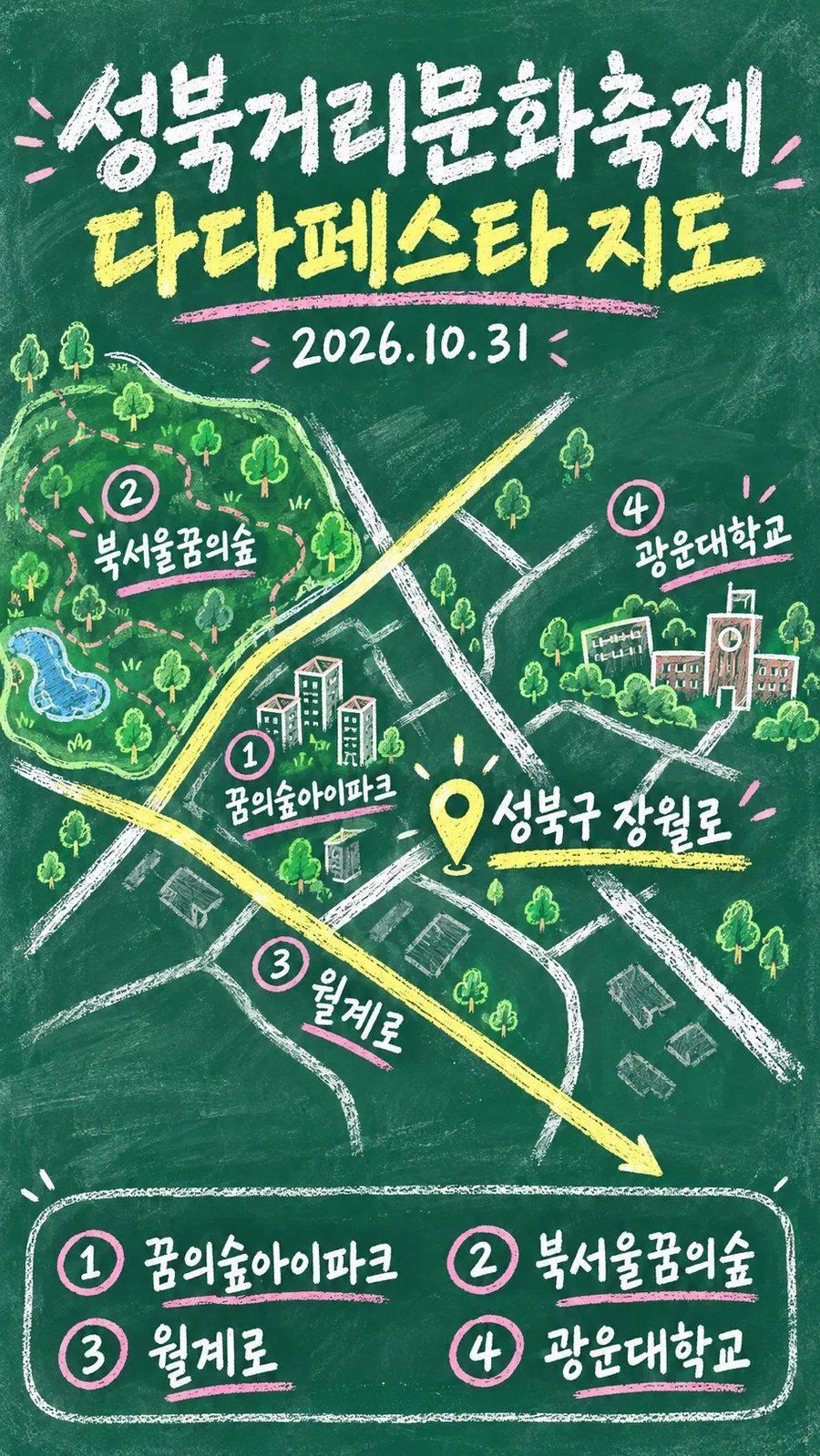 성북거리문화축제 다다페스타 원본 지도 이미지를 바탕으로 imagegen이 재구성한 칠판 판서형 그림지도