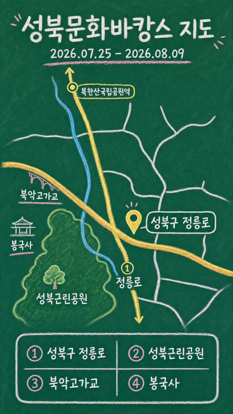 성북문화바캉스 원본 지도 이미지를 바탕으로 imagegen이 재구성한 칠판 판서형 그림지도