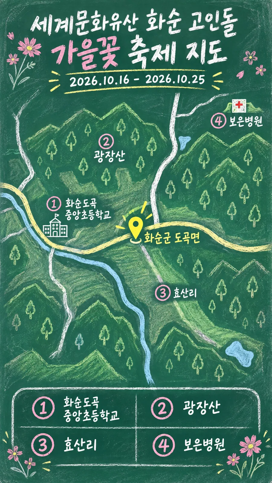 세계문화유산 화순 고인돌 가을꽃 축제 원본 지도 이미지를 바탕으로 imagegen이 재구성한 칠판 판서형 그림지도