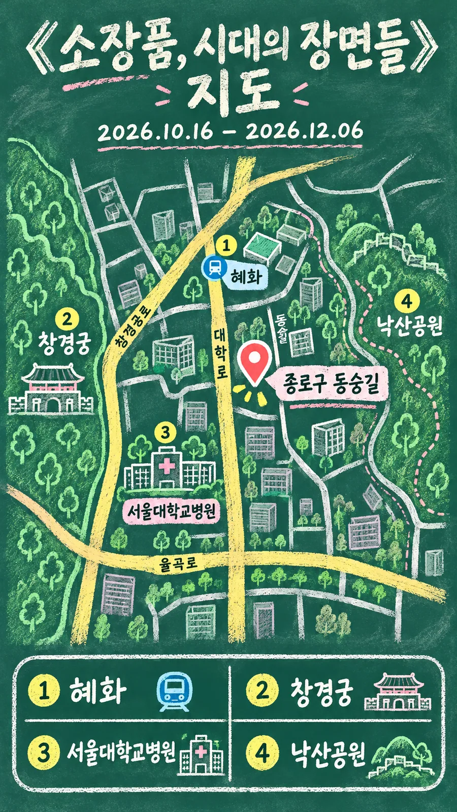《소장품, 시대의 장면들》 원본 지도 이미지를 바탕으로 imagegen이 재구성한 칠판 판서형 그림지도