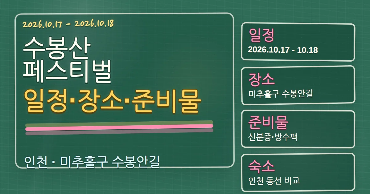 2026 수봉산 페스티벌 일정·장소·준비물과 숙소 동선 칠판 판서형 대표 이미지