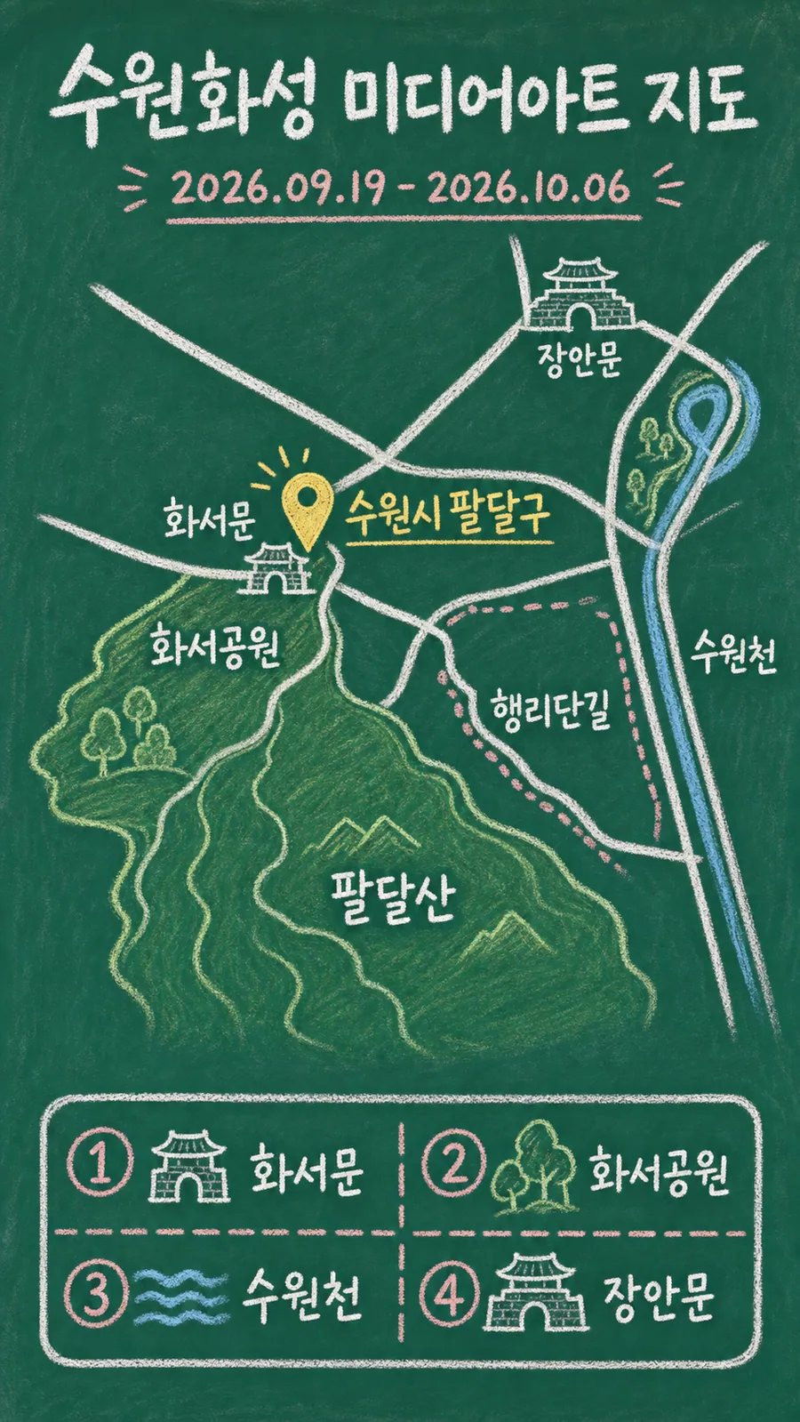 수원화성 미디어아트 원본 지도 이미지를 바탕으로 imagegen이 재구성한 칠판 판서형 그림지도