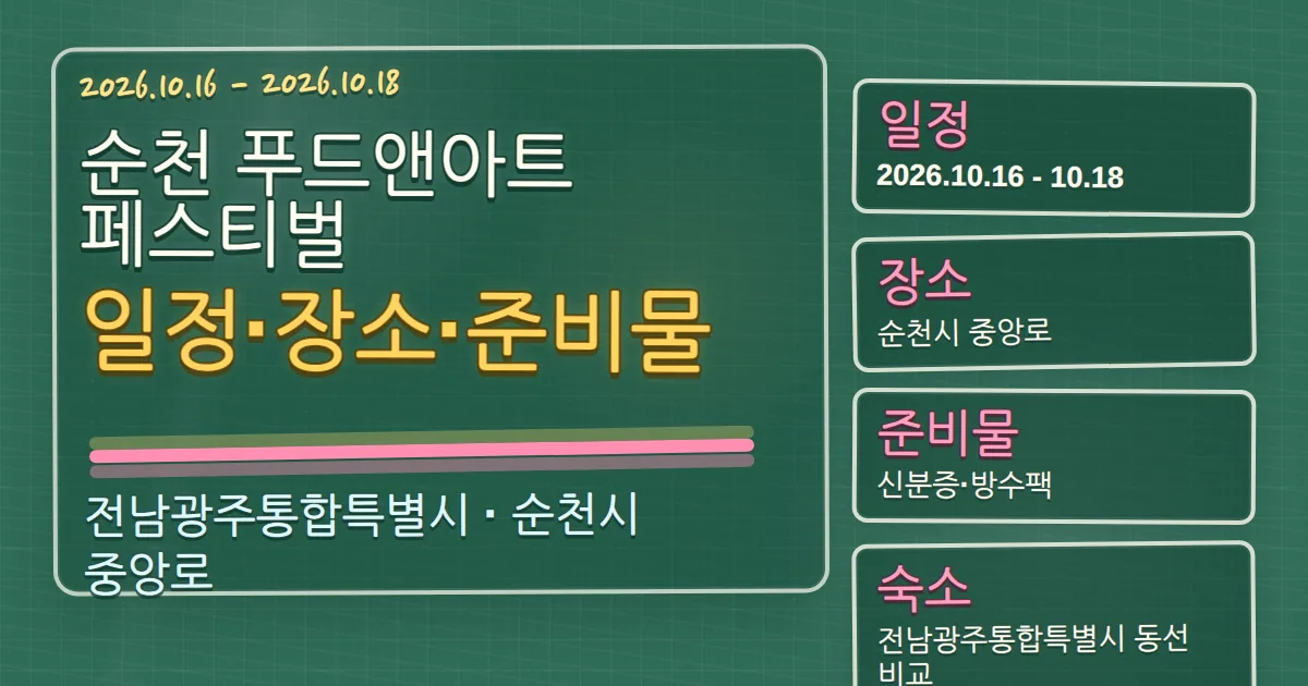 2026 순천 푸드앤아트페스티벌 일정·장소·준비물과 숙소 동선 칠판 판서형 대표 이미지
