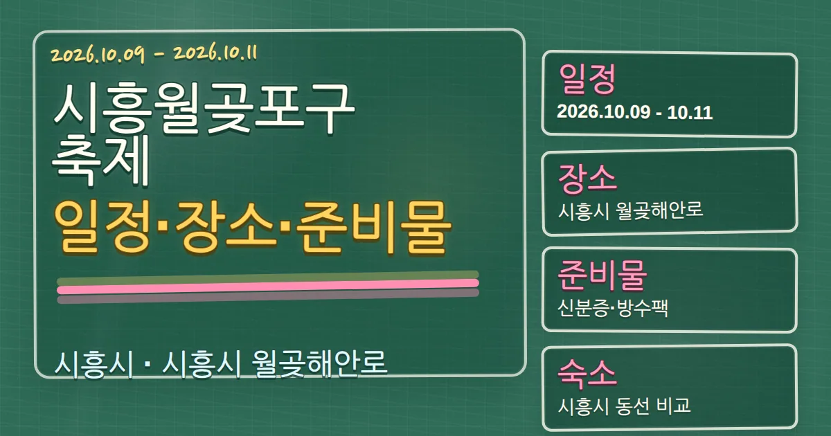 2026 시흥월곶포구축제 일정·장소·준비물과 시흥시 숙소 동선 칠판 판서형 대표 이미지