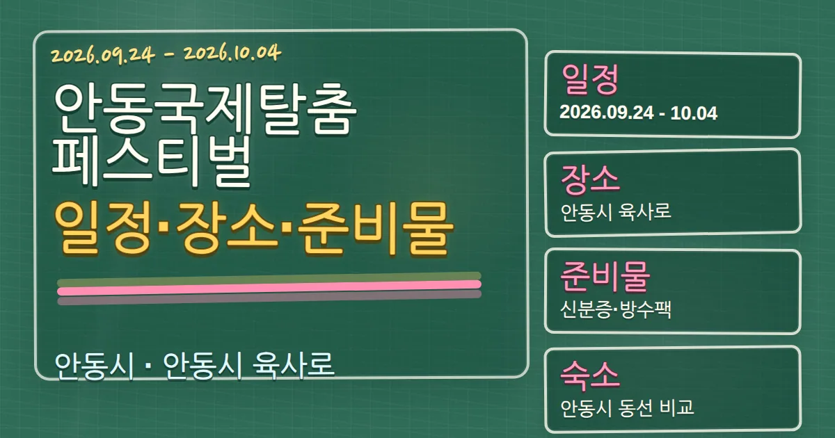 2026 안동국제탈춤페스티벌 일정·장소·준비물·숙소 동선 가이드 칠판 판서형 대표 이미지