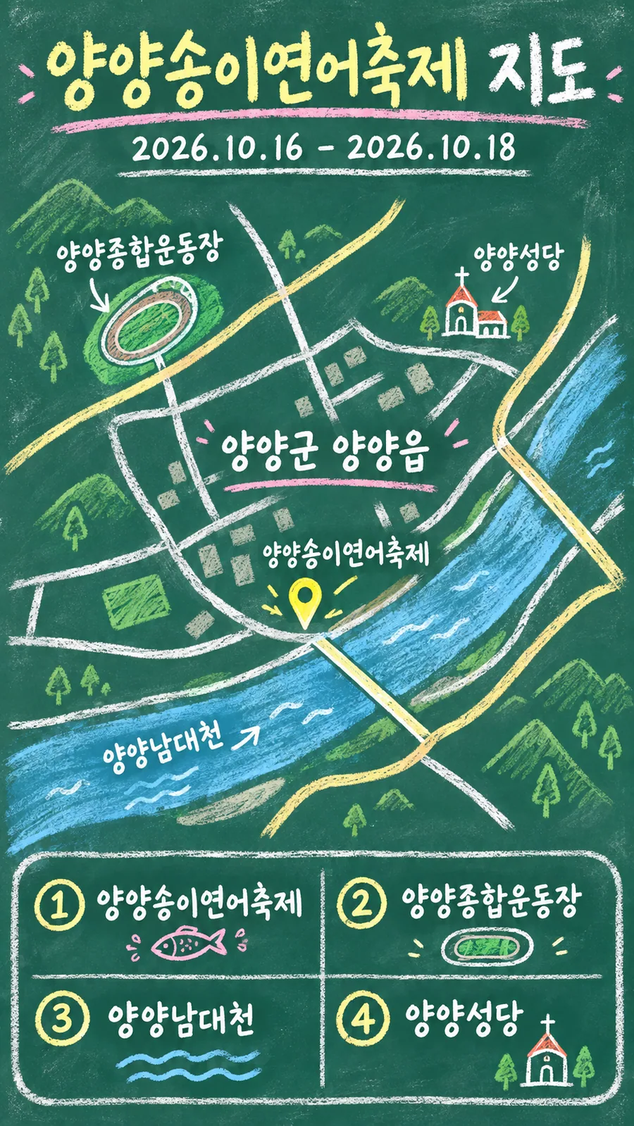 양양송이연어축제 원본 지도 이미지를 바탕으로 imagegen이 재구성한 칠판 판서형 그림지도