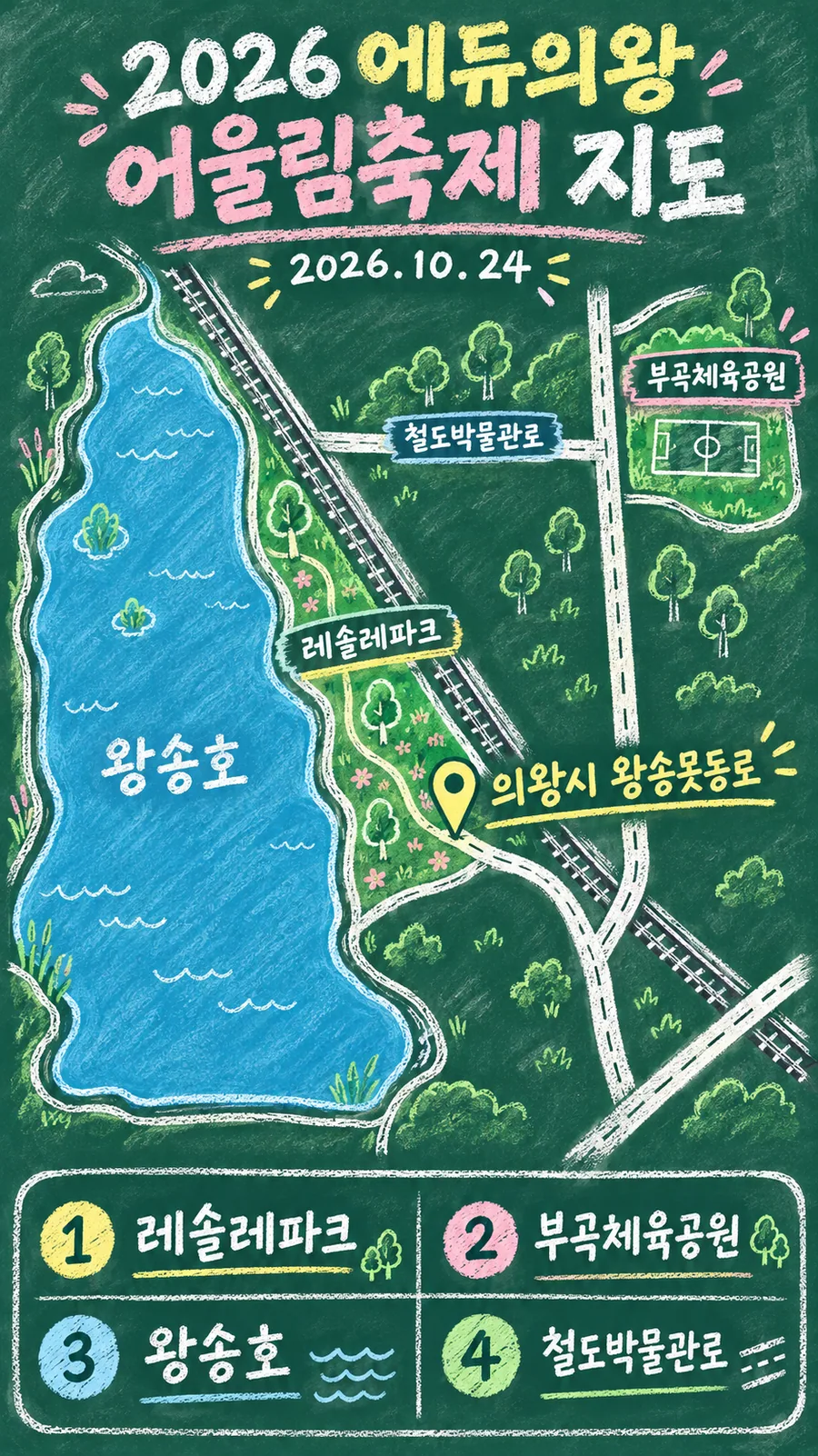 2026 에듀의왕 어울림축제 원본 지도 이미지를 바탕으로 imagegen이 재구성한 칠판 판서형 그림지도