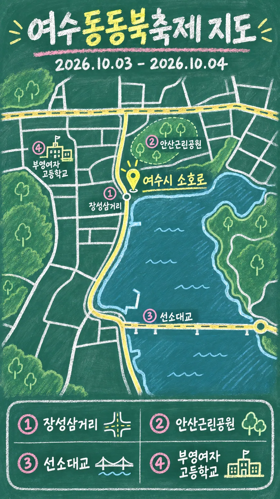 여수동동북축제 원본 지도 이미지를 바탕으로 imagegen이 재구성한 칠판 판서형 그림지도