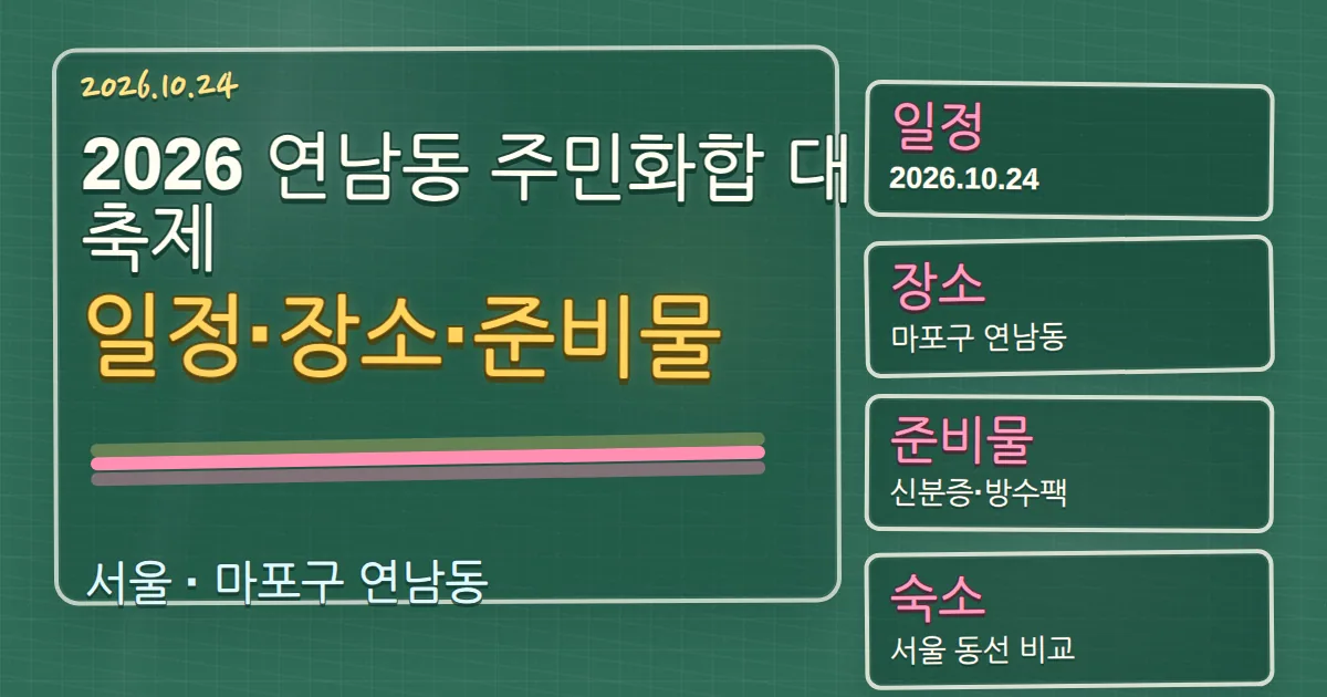 2026 연남동 주민화합 대축제 일정·장소·준비물과 숙소 동선 칠판 판서형 대표 이미지