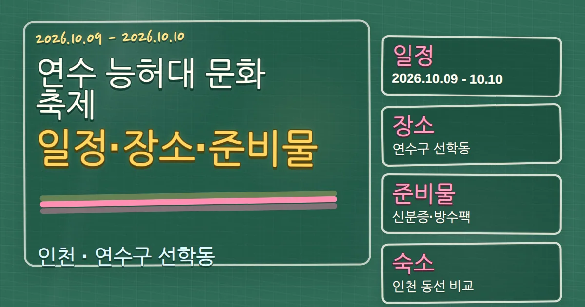 2026 연수 능허대 문화축제 일정·장소·준비물·숙소 동선 가이드 칠판 판서형 대표 이미지
