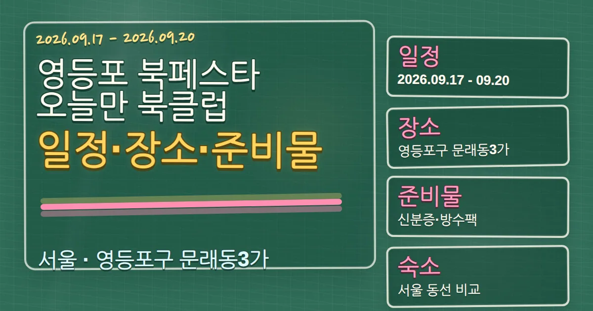 2026 영등포 북페스타 오늘만 북클럽 일정·장소·준비물과 숙소 동선 칠판 판서형 대표 이미지