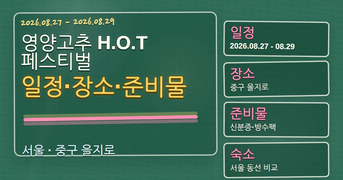 2026 영양고추 H.O.T 페스티벌 일정·장소·준비물과 중구 숙소 동선 칠판 판서형 대표 이미지