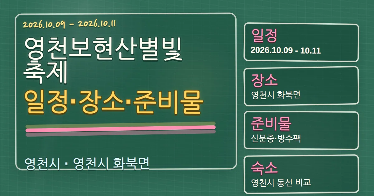 2026 영천보현산별빛축제 일정·장소·준비물과 숙소 동선 칠판 판서형 대표 이미지